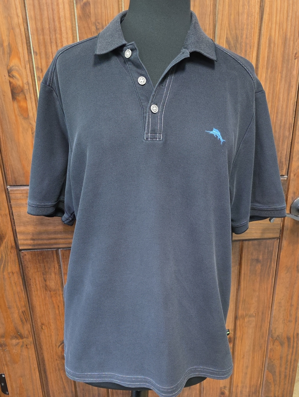 Tommy Bahama Supina Men's Dark Charcoal Polo Shirt with Light Blue Logo - Size M